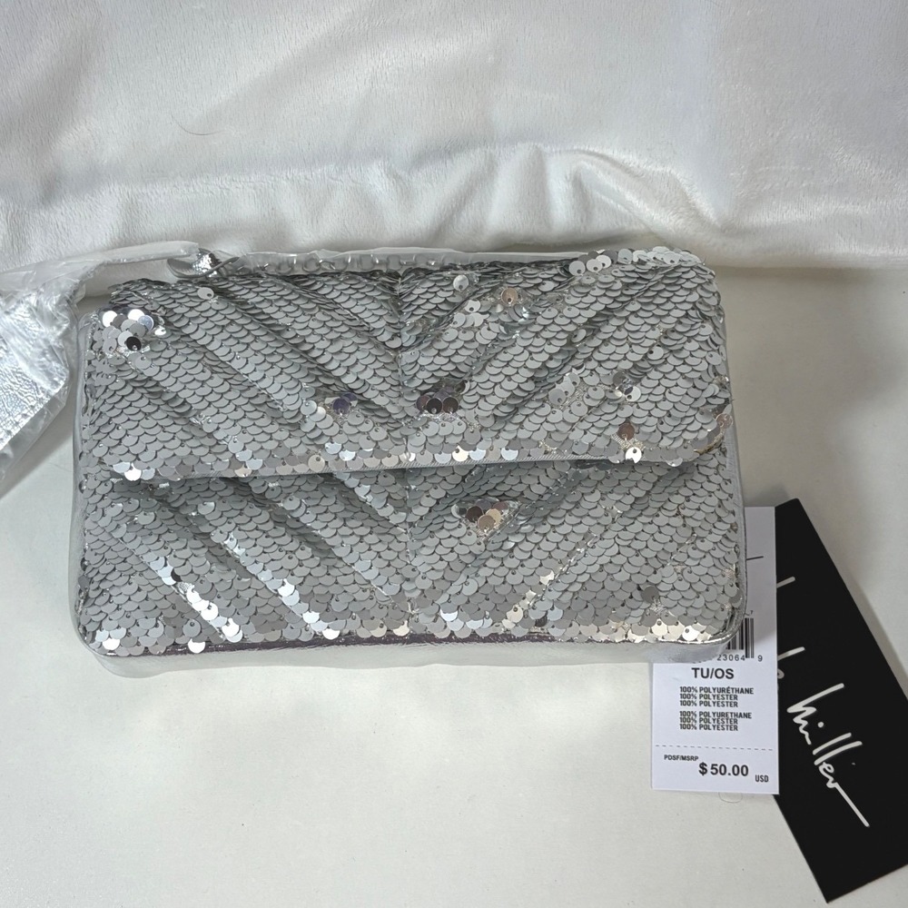 NWT Nicole Miller Sequin Silver Shoulder Bag Evening Party Clutch 8" L X 5" H